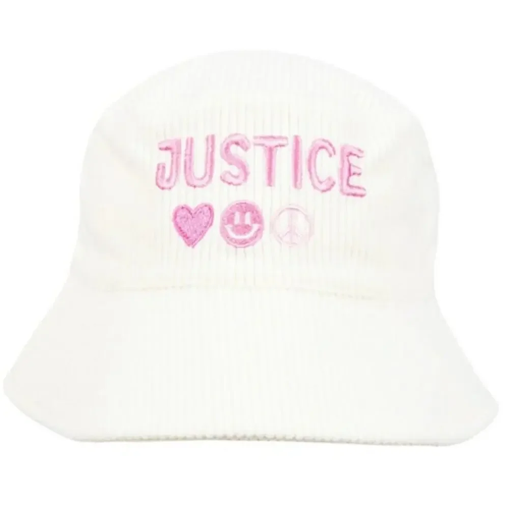 Justice Girls Bucket Style Hat White Corduroy Pink Embroidery‎ New with Tags